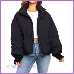 Winter Cropped Puffer Jacket Quilted Polyester Long Sleeve